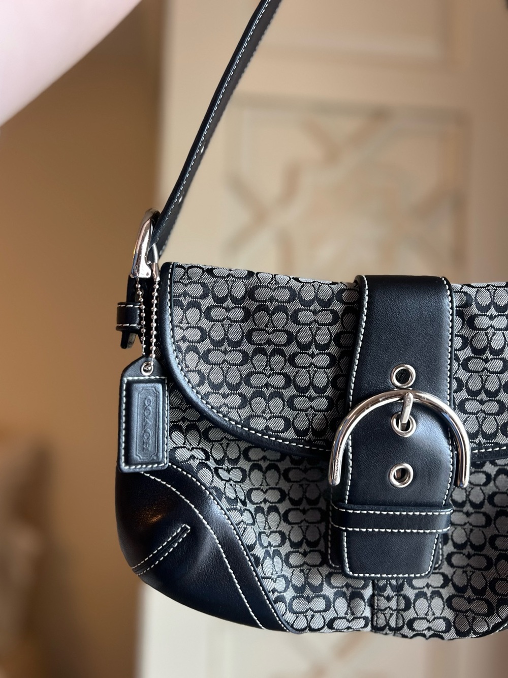 Coach SoHo Black Signature Canvas Shoulder Bag with Silver Hardware